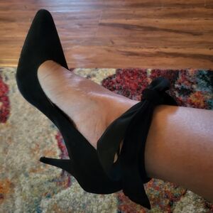 J.LO Black Suede Women's Heels, Size 9, Bow To Tie At Ankle